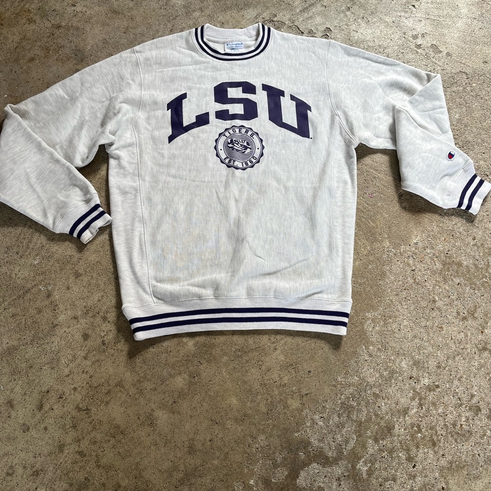 Champion  vintage White and Purple LSU Crewneck Sweater size L